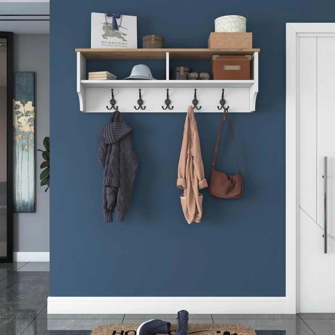 Appendiabiti Bianco Marrone Rovere 5 Ganci Installazione a Muro 37h cm, Colore Struttura Marrone - Magherno