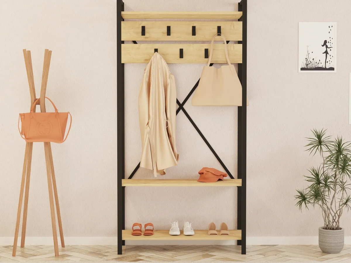 Attaccapanni > Dmora Appendiabiti Marrone Antracite Nero 7 Ganci Installazione a Terra 180h cm, Colore Struttura Nero - Celiera Nero, Marrone Antracite