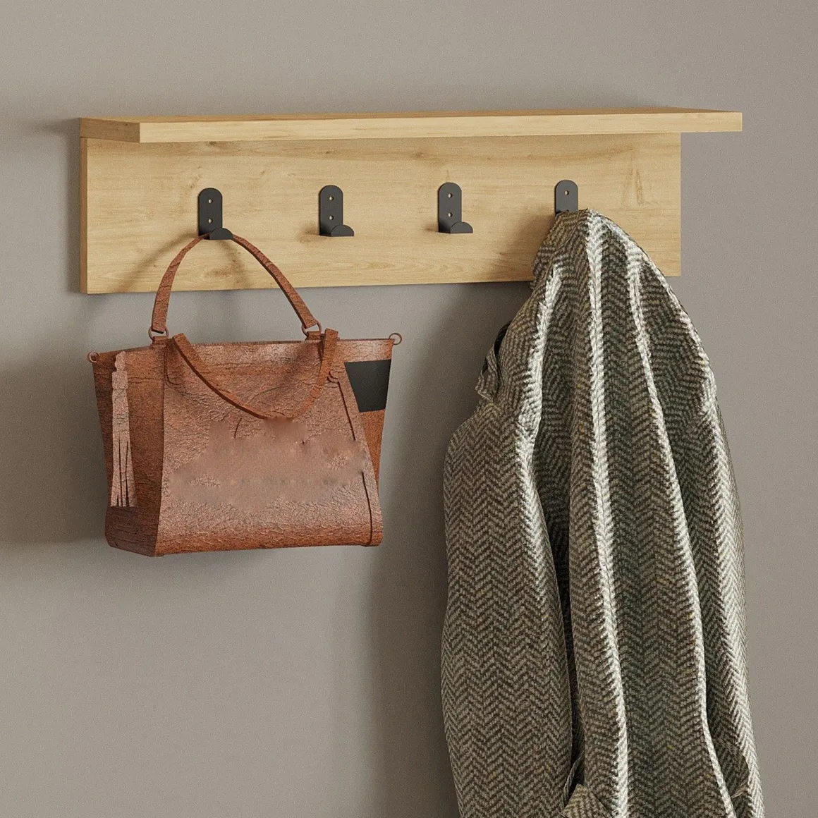 Appendiabiti Marrone Rovere 4 Ganci Installazione a Muro 15h cm, Sfumatura Colore Struttura Rovere - Taipana