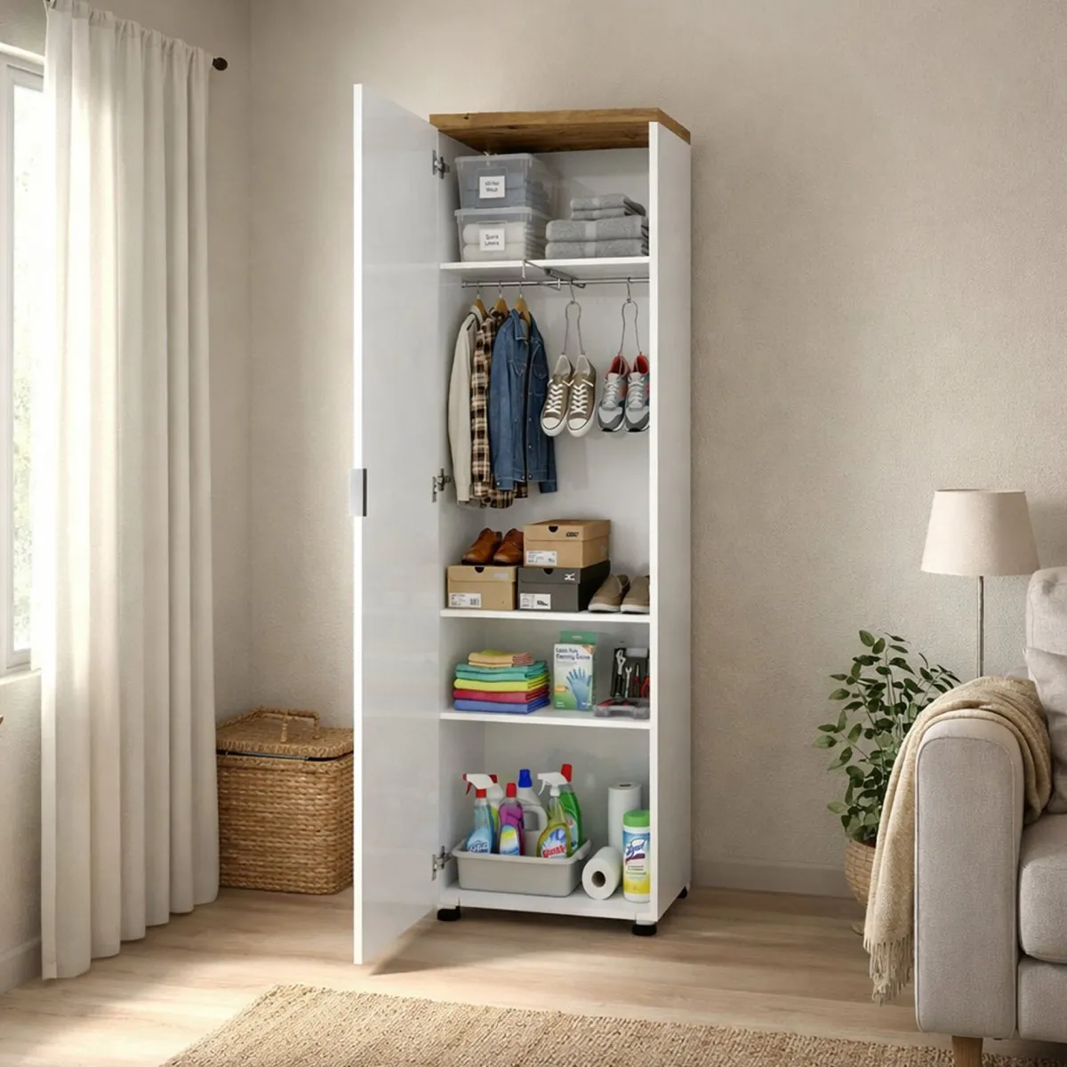 Armadi Multiuso 1 Anta > Dmora Armadio bianco lucido e legno colonna 60x190h cm - Tani Marrone Rovere, Bianco Lucido