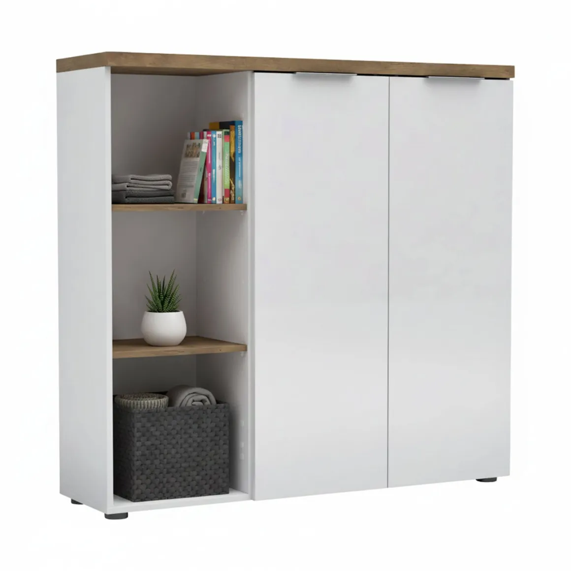 Armadi Multiuso 2 Ante > Dmora Armadio bianco lucido e legno salvaspazio 80x115h cm - Calavena Marrone Rovere, Bianco Lucido