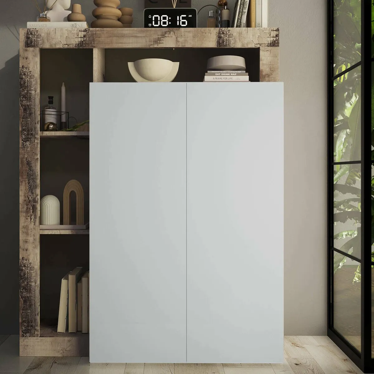 Armadi Multiuso 2 Ante > Dmora Armadio bianco lucido e rovere ante battenti 78x116h cm - Cipresso Marrone Rovere, Bianco Lucido