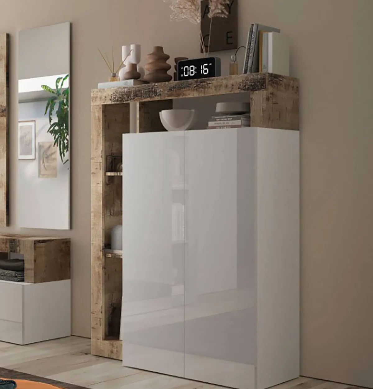 Armadi Multiuso 2 Ante > Dmora Armadio bianco lucido e rovere ante battenti 78x116h cm - Cipresso Marrone Rovere, Bianco Lucido