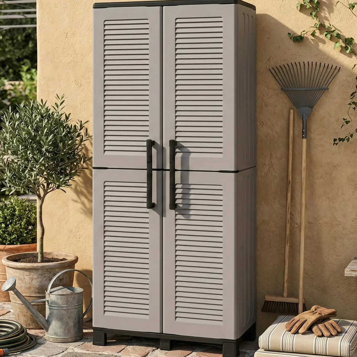 Armadio da Esterno Grigio Chiaro Nero 3 Ripiani 2 Ante 68x37x169h cm, 4 Vani - Ash
