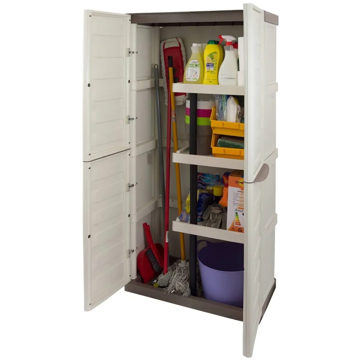 Armadio da Esterno Impermeabile 70x39x165h cm Portascope in Plastica Beige e Marrone con 3 Ripiani Regolabili e Chiusura a Lucchetto – Ipno