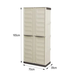 Armadio da Esterno Impermeabile 70x39x165h cm Portascope in Plastica Beige e Marrone con 3 Ripiani Regolabili e Chiusura a Lucchetto – Ipno