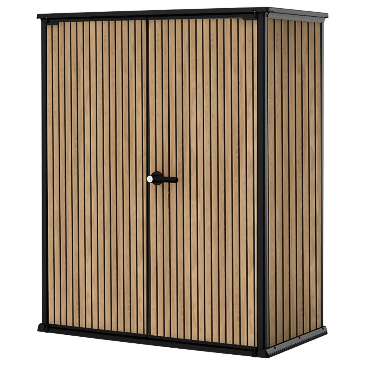 Armadio da Esterno Marrone Quercia Nero Cassetti 2 Ripiani 140x74x170h cm, Apertura Battente - Langdon