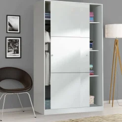 Armadio Guardaroba 2 Ante Scorrevoli 120x50x200h cm Bianco lucido Salvaspazio in Legno con Appendiabiti e 4 Ripiani Regolabili – Adrenalin