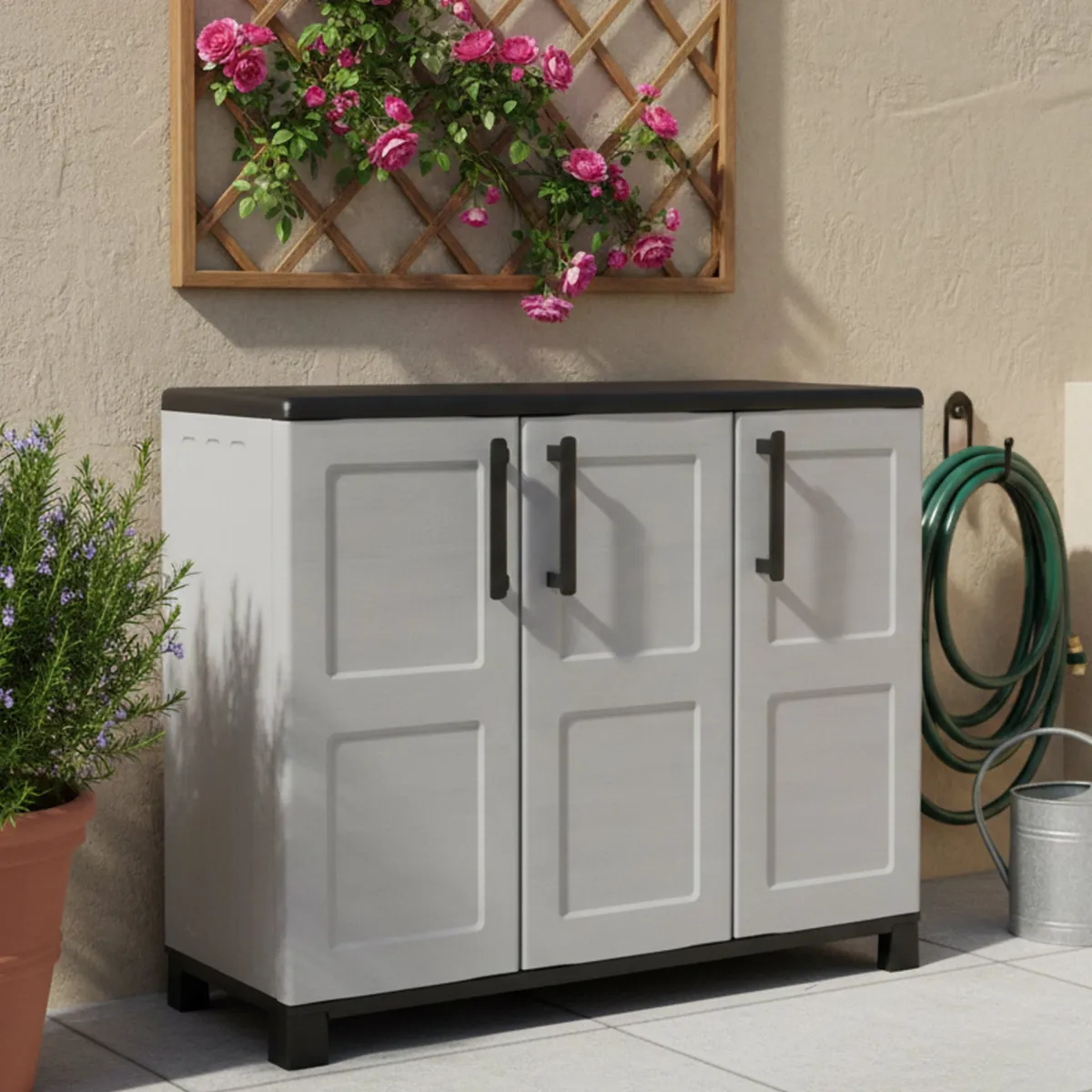 Armadi Da Esterno|Outdoor > Dmora Armadio in plastica 3 ante grigio chiaro e nero 102x90h cm - Alaghesia Nero, Grigio Chiaro