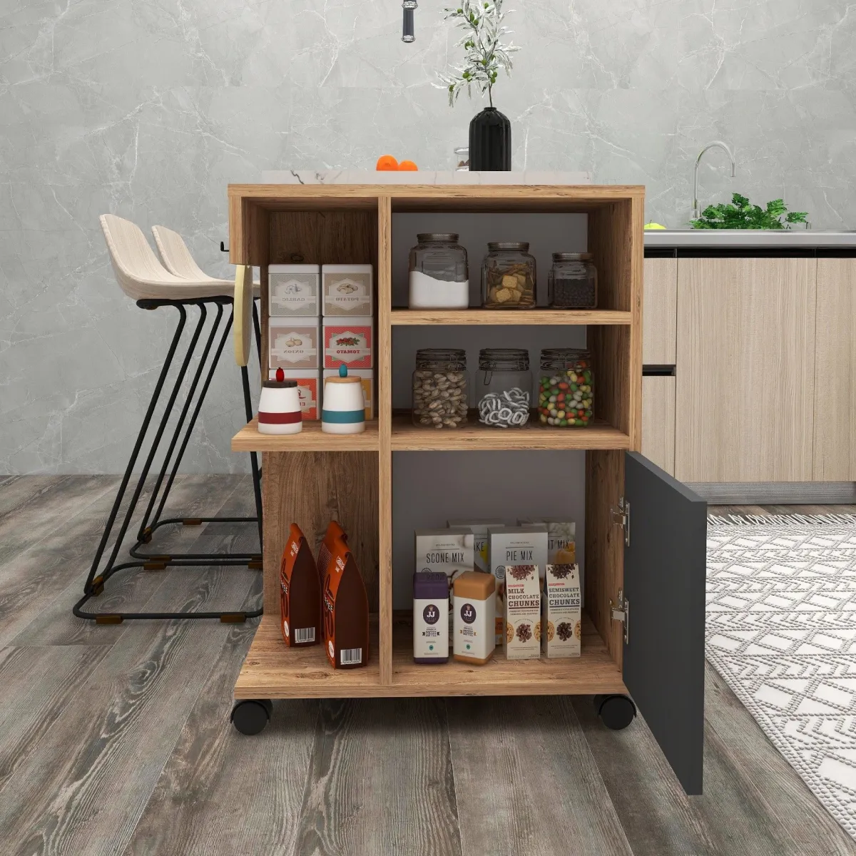 Armadi Multiuso 1 Anta > Dmora Armadio Multiuso 1 Anta Marrone Rovere Nero Antracite 5 Ripiani Un'anta 60x81h cm, 5 Vani - Fornelli Nero Antracite, Marrone Rovere