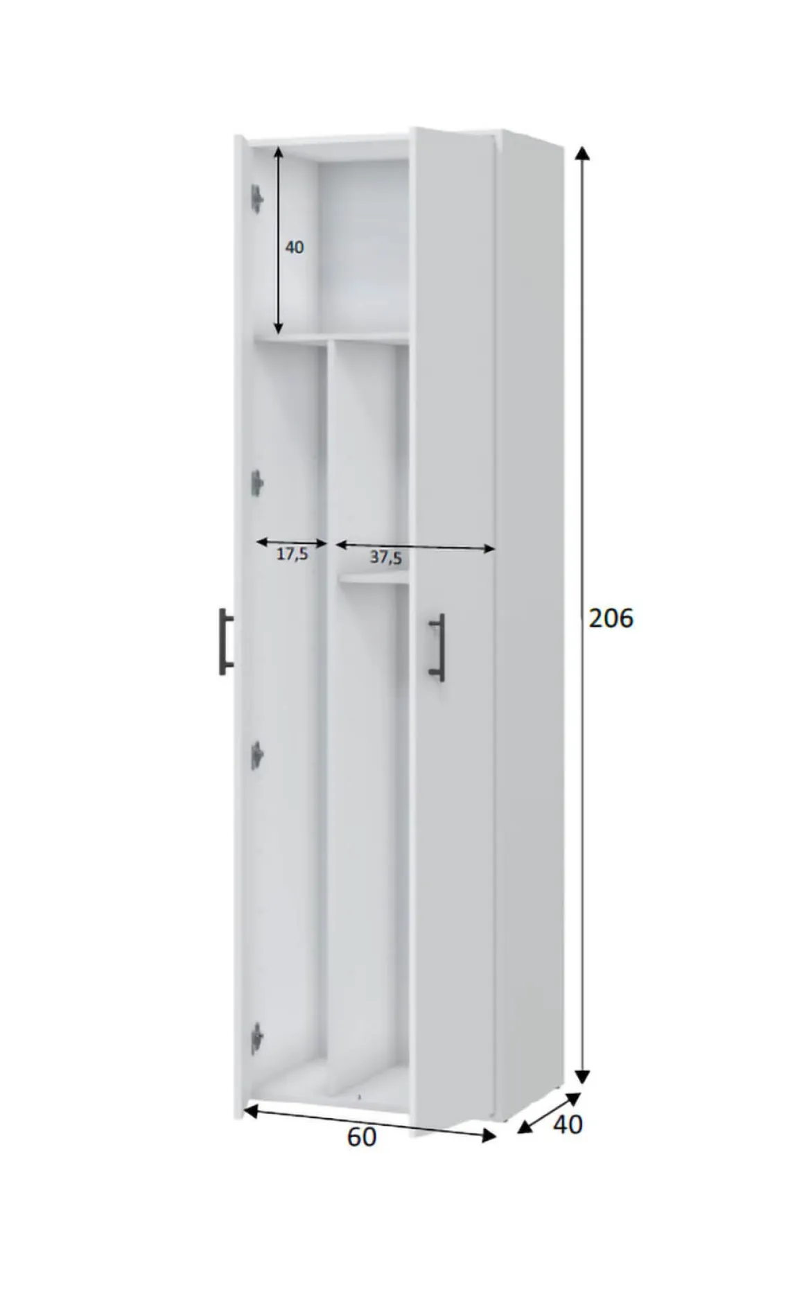 Armadio Multiuso 2 Ante Bianco 2 Ripiani Apertura Battente 60x206h cm, 2 Ante - Strevi
