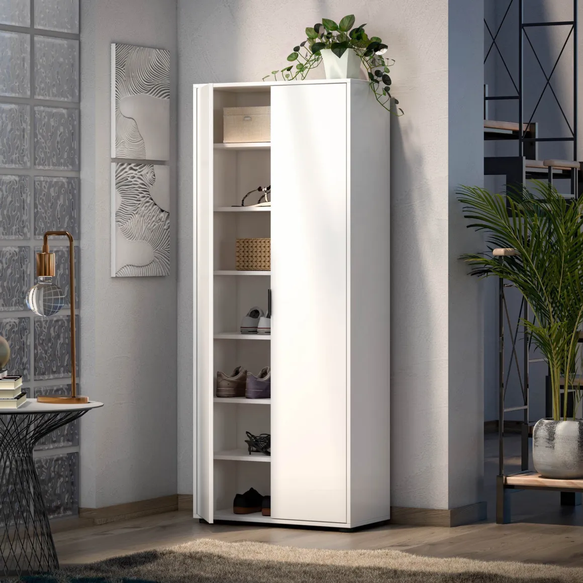 Armadio Multiuso 2 Ante Bianco Lucido Cassetti 6 Ripiani 72.5x180h cm, 2 Ante - Angitola