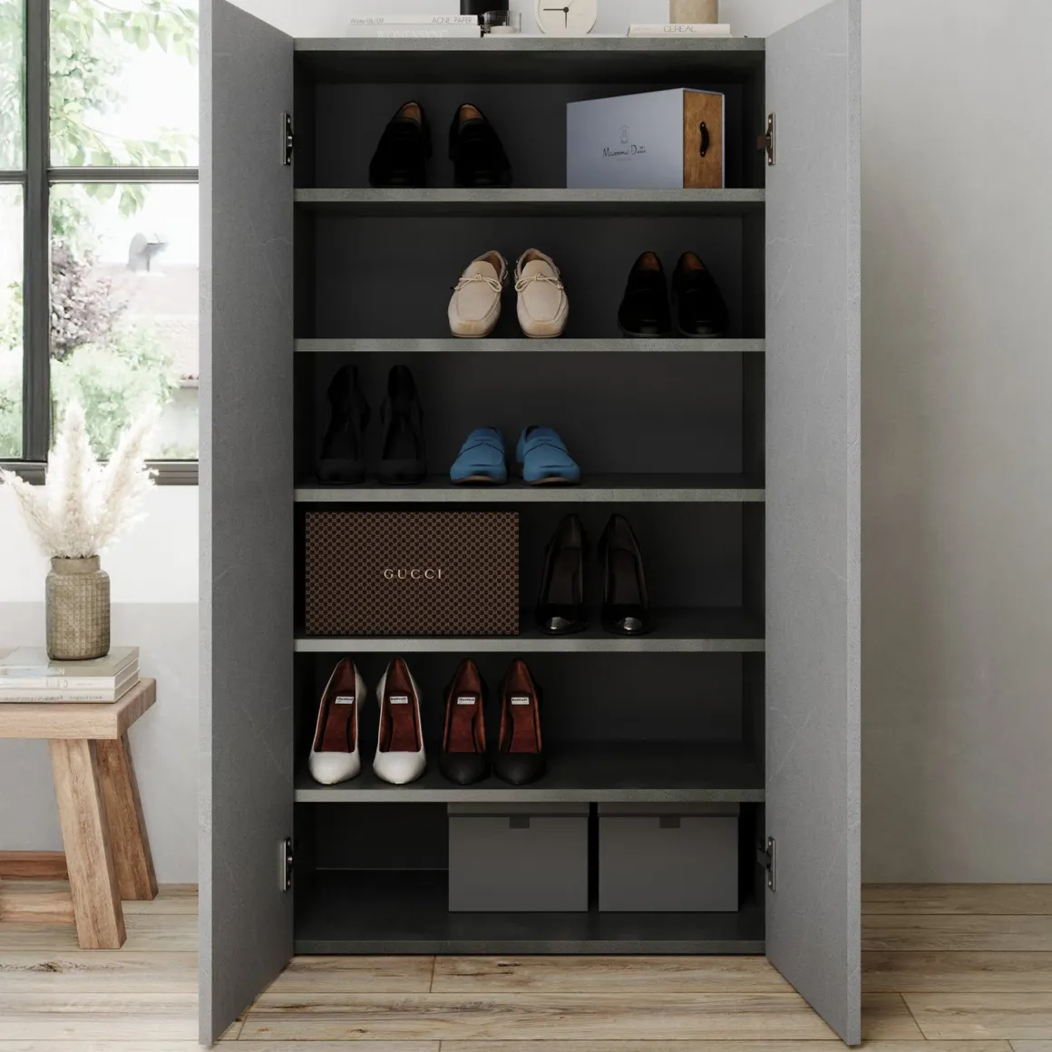 Armadi Multiuso 2 Ante > Dmora Armadio Multiuso 2 Ante Grigio Cemento Bianco Cassetti 4 Ripiani 79x118h cm, 2 Ante - Parabita Bianco, Grigio Cemento