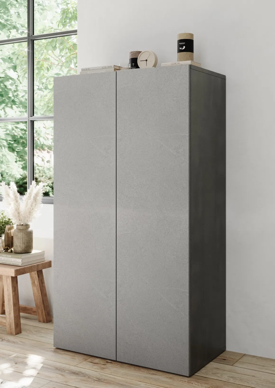 Armadi Multiuso 2 Ante > Dmora Armadio Multiuso 2 Ante Grigio Cemento Bianco Cassetti 4 Ripiani 79x118h cm, 2 Ante - Parabita Bianco, Grigio Cemento