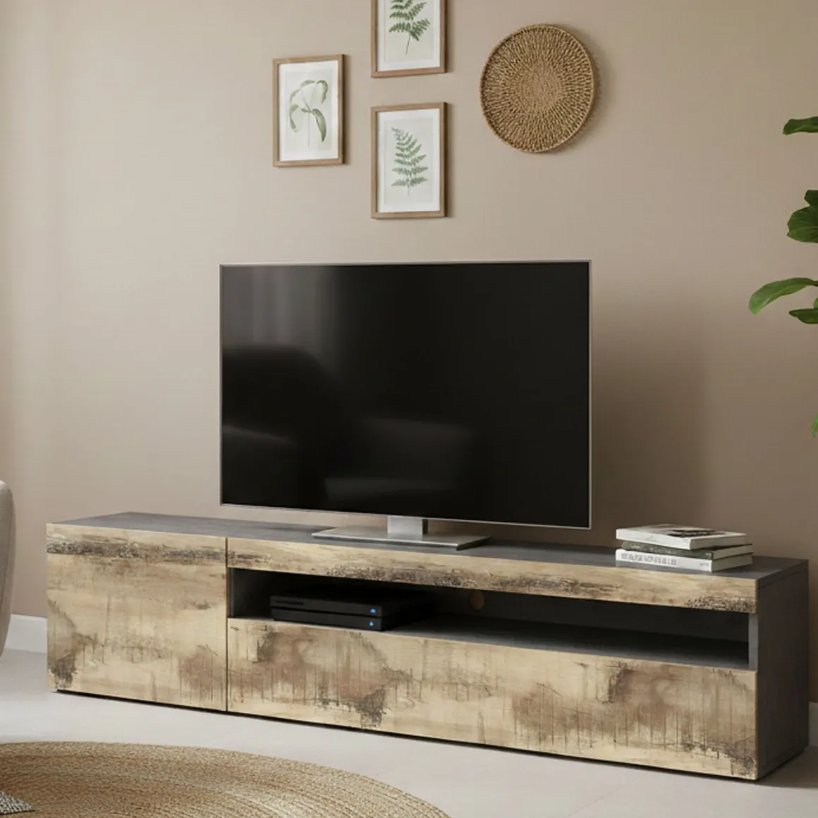 Mobili Porta Tv|Salotto > Dmora Base TV acero e ardesia 150x40x37h cm 2 ante - Aquilo Grigio Ardesia, Marrone Acero