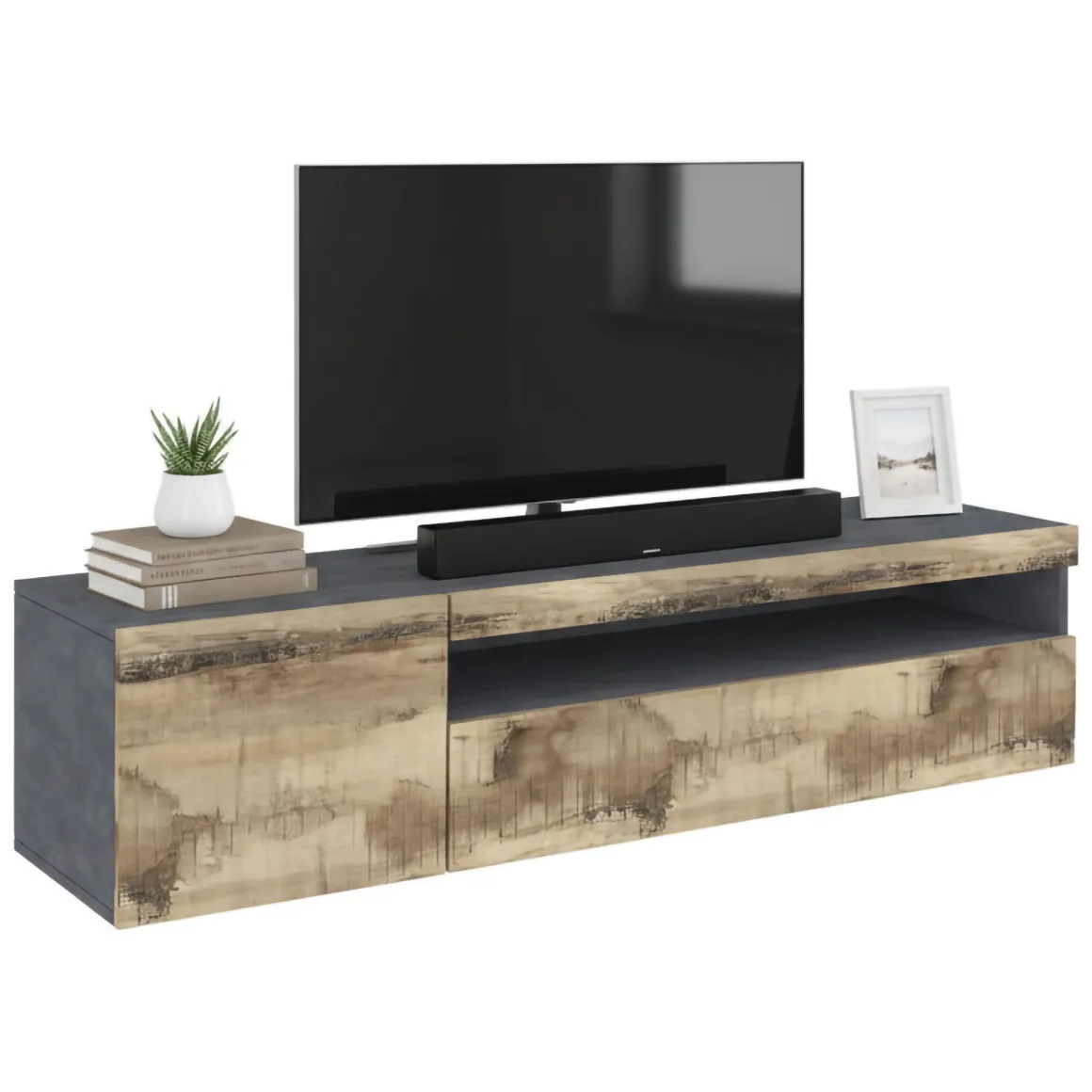 Mobili Porta Tv|Salotto > Dmora Base TV acero e ardesia 150x40x37h cm 2 ante - Aquilo Grigio Ardesia, Marrone Acero