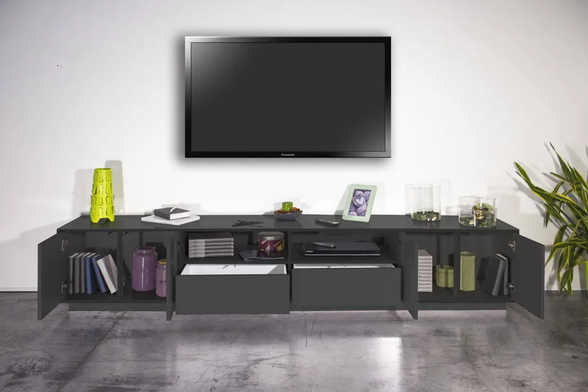 Base TV antracite lucido 260x41x46h cm 4 ante e 2 cassetti - Albak