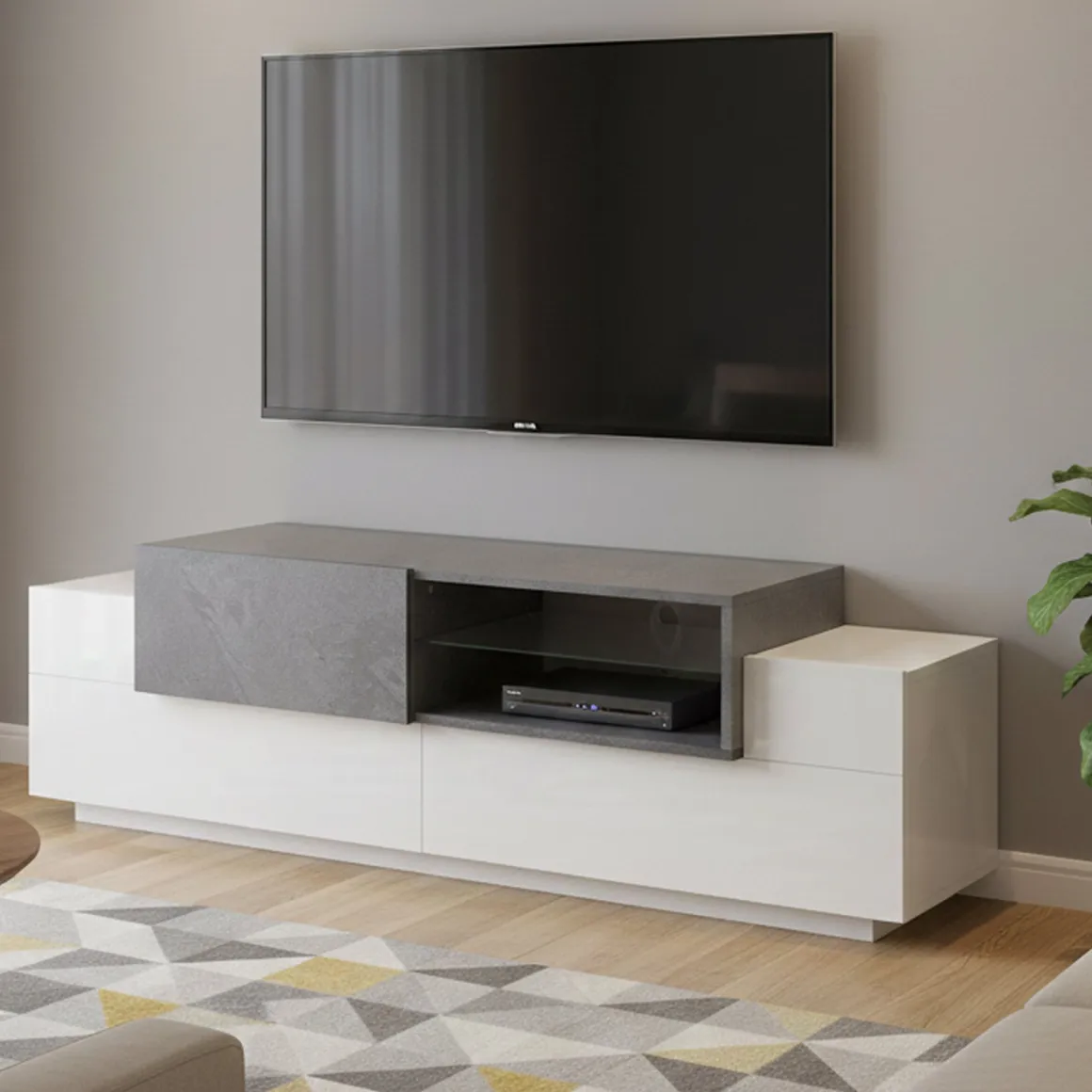 Base TV bianco lucido,cemento 160x45x51h cm 3 ante - Andris