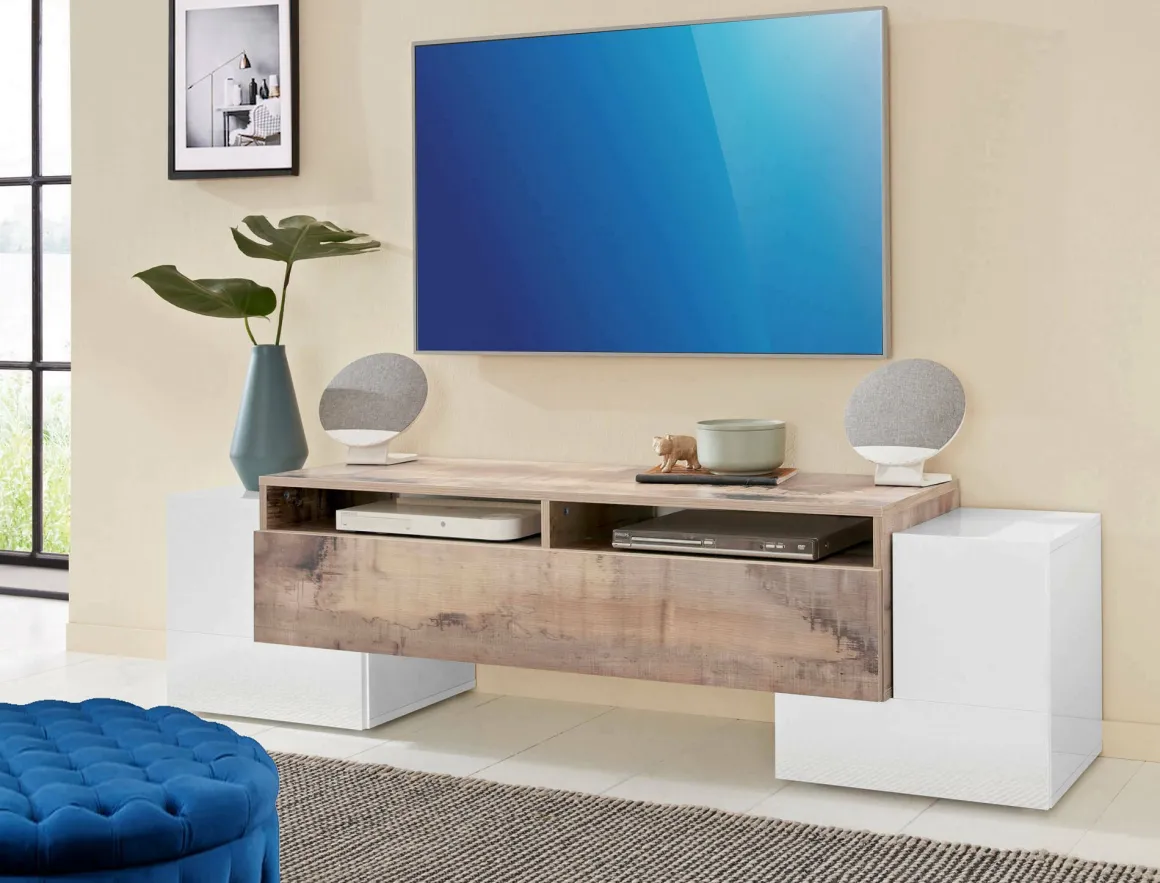 Salotto > Dmora Base TV bianco lucido e acero 190x45x45h cm 4 ante - Arancione Marrone Acero, Bianco Lucido