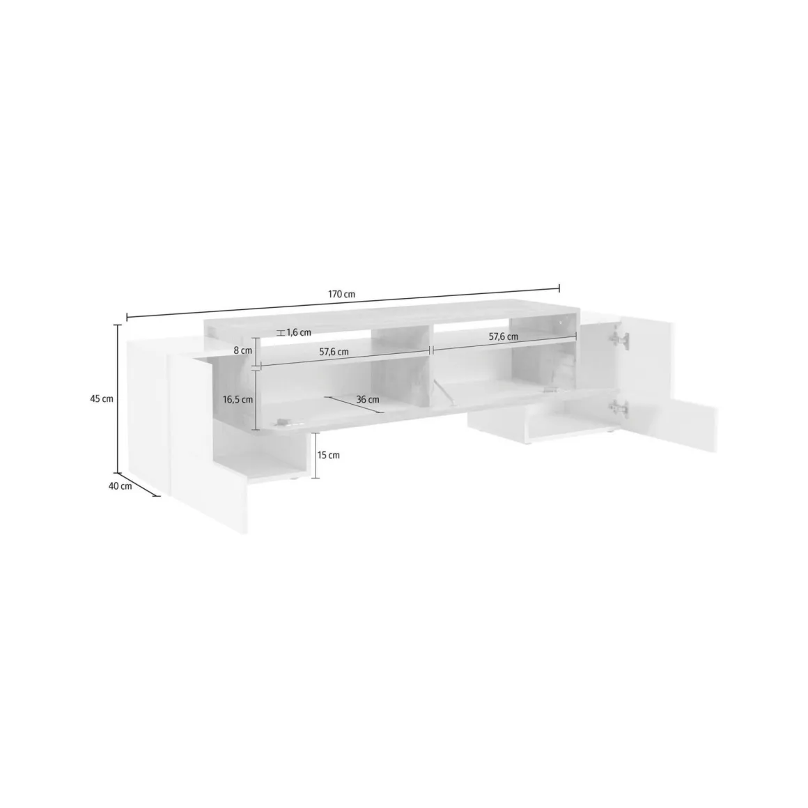 Salotto > Dmora Base TV bianco lucido e acero 190x45x45h cm 4 ante - Arancione Marrone Acero, Bianco Lucido