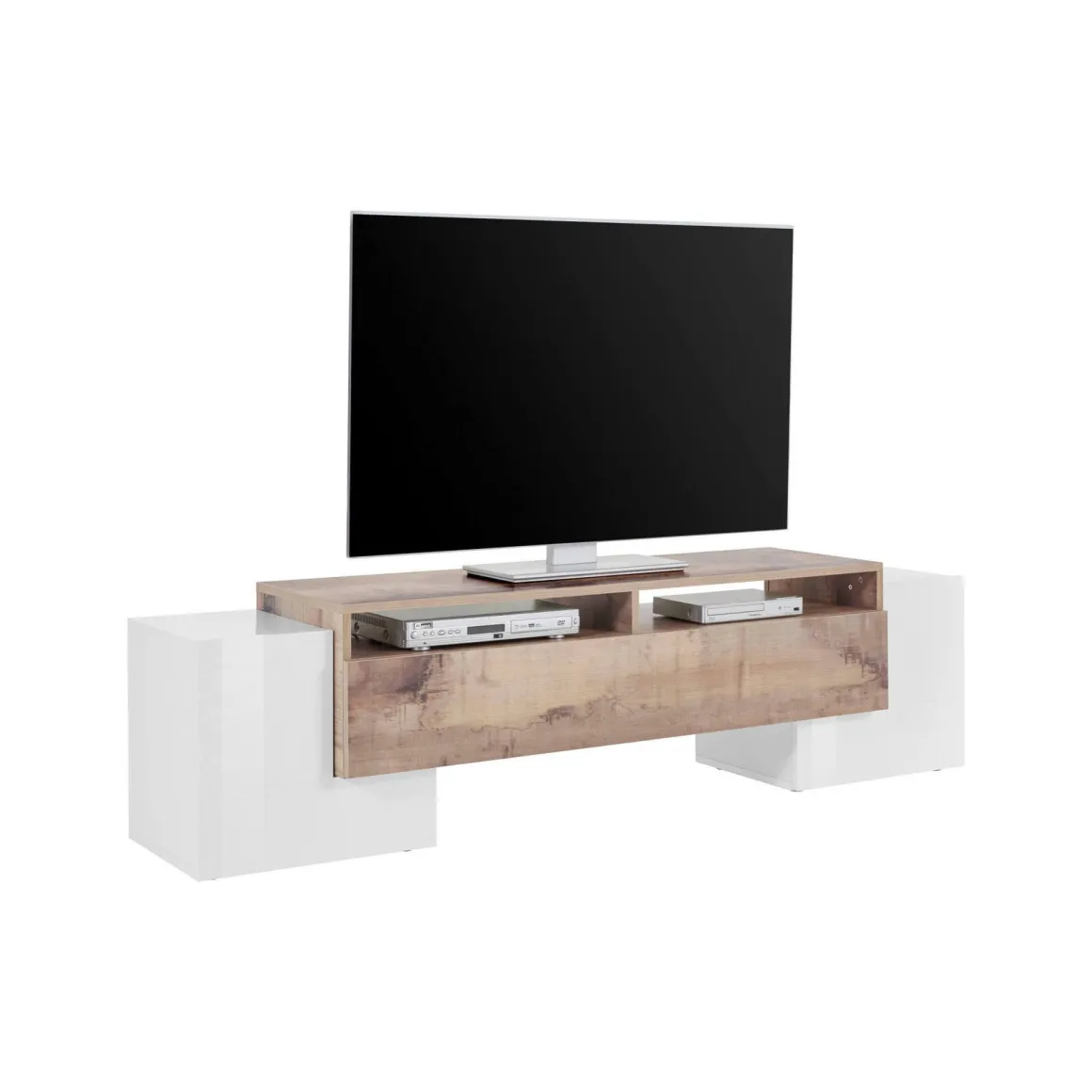 Salotto > Dmora Base TV bianco lucido e acero 190x45x45h cm 4 ante - Arancione Marrone Acero, Bianco Lucido
