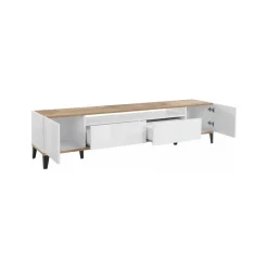 Base TV bianco lucido e acero 200x40x47h cm 2 ante e 2 cassetti - Abina