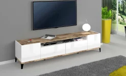 Base TV bianco lucido e acero 200x40x47h cm 2 ante e 2 cassetti - Abina