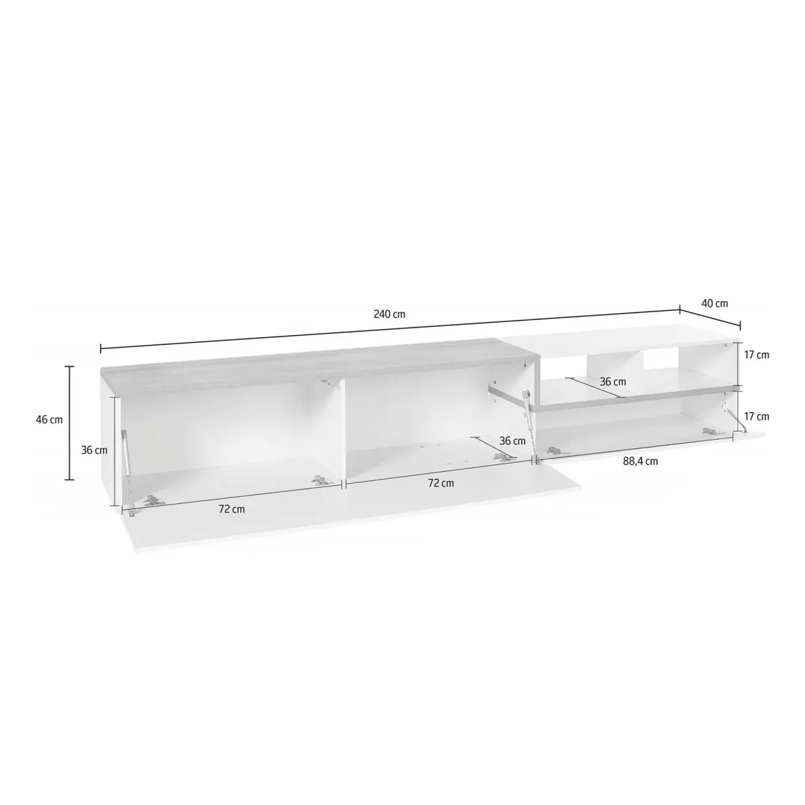 Base TV bianco lucido e acero 240x40x50h cm 2 ante - Fetta