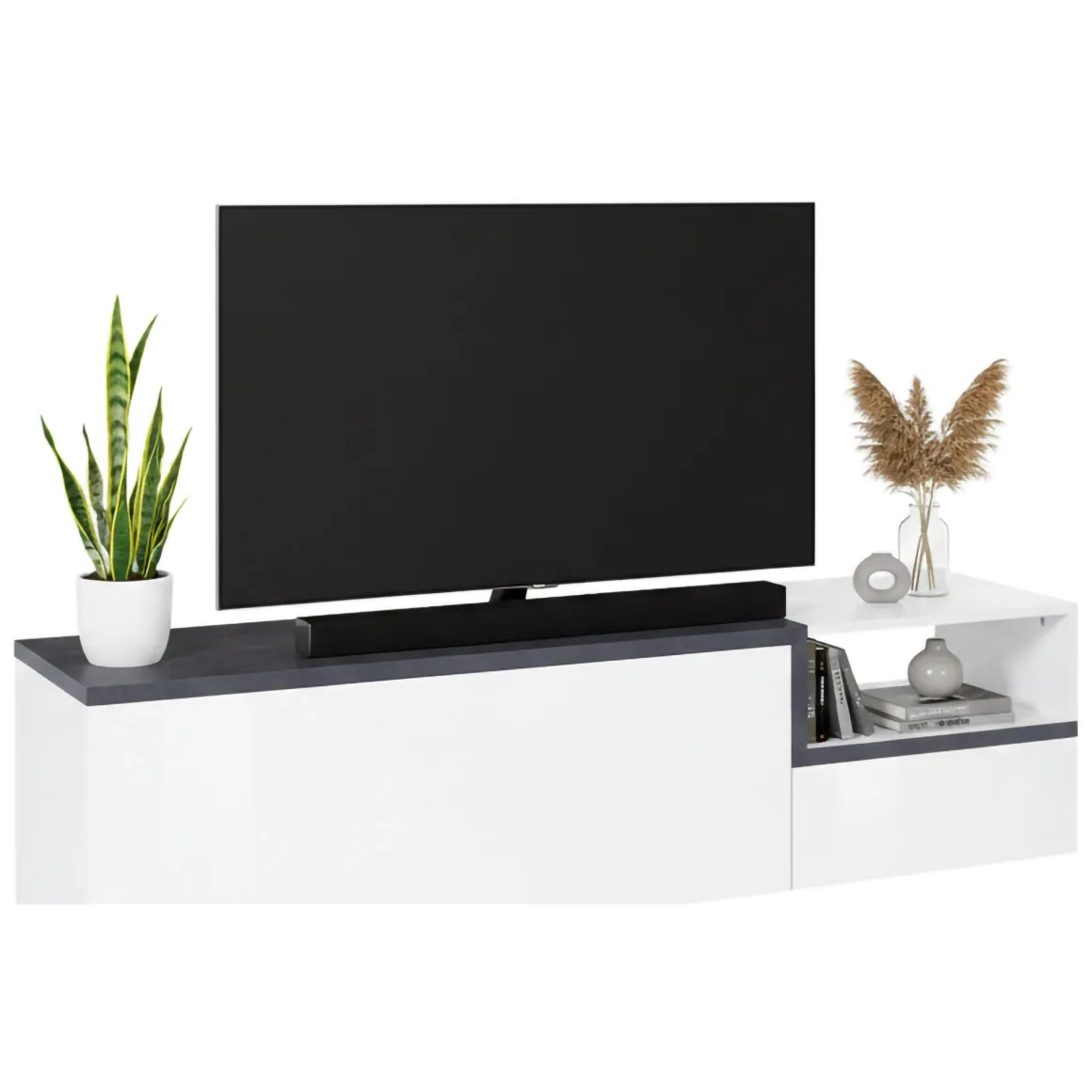 Base TV bianco lucido e ardesia 160x40x46h cm 2 ante - Fluorite
