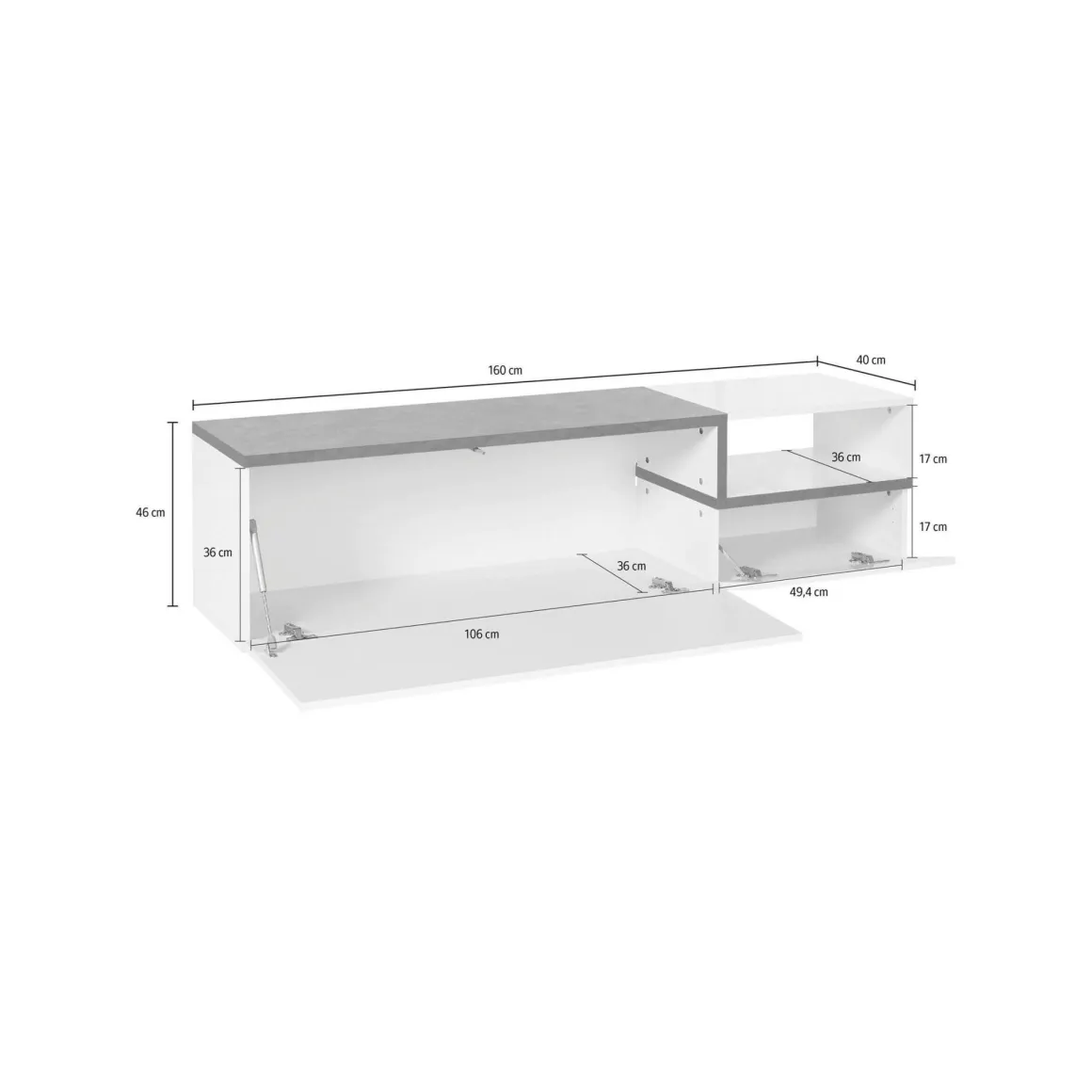 Base TV bianco lucido e ardesia 160x40x46h cm 2 ante - Fluorite
