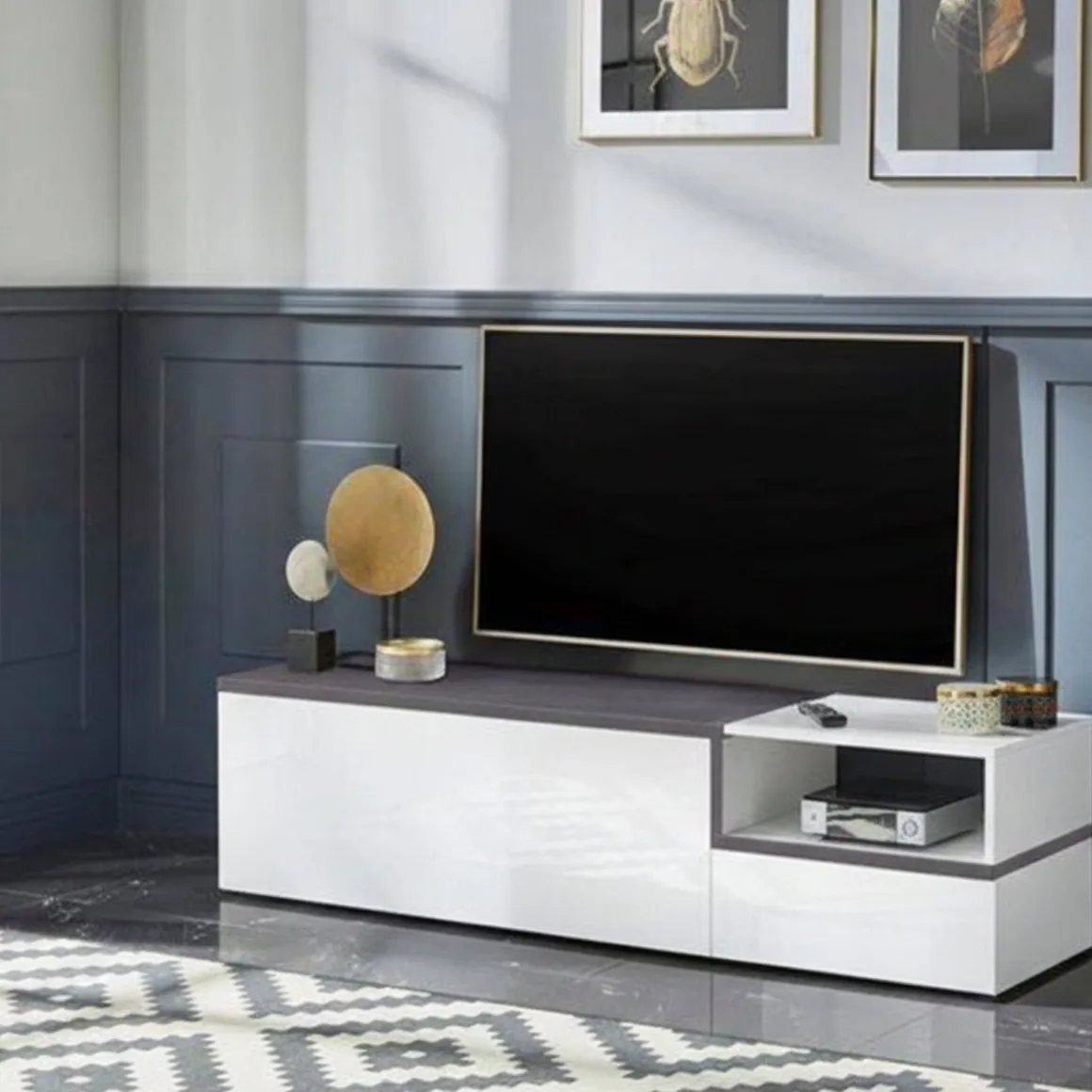 Base TV bianco lucido e ardesia 160x40x46h cm 2 ante - Fluorite