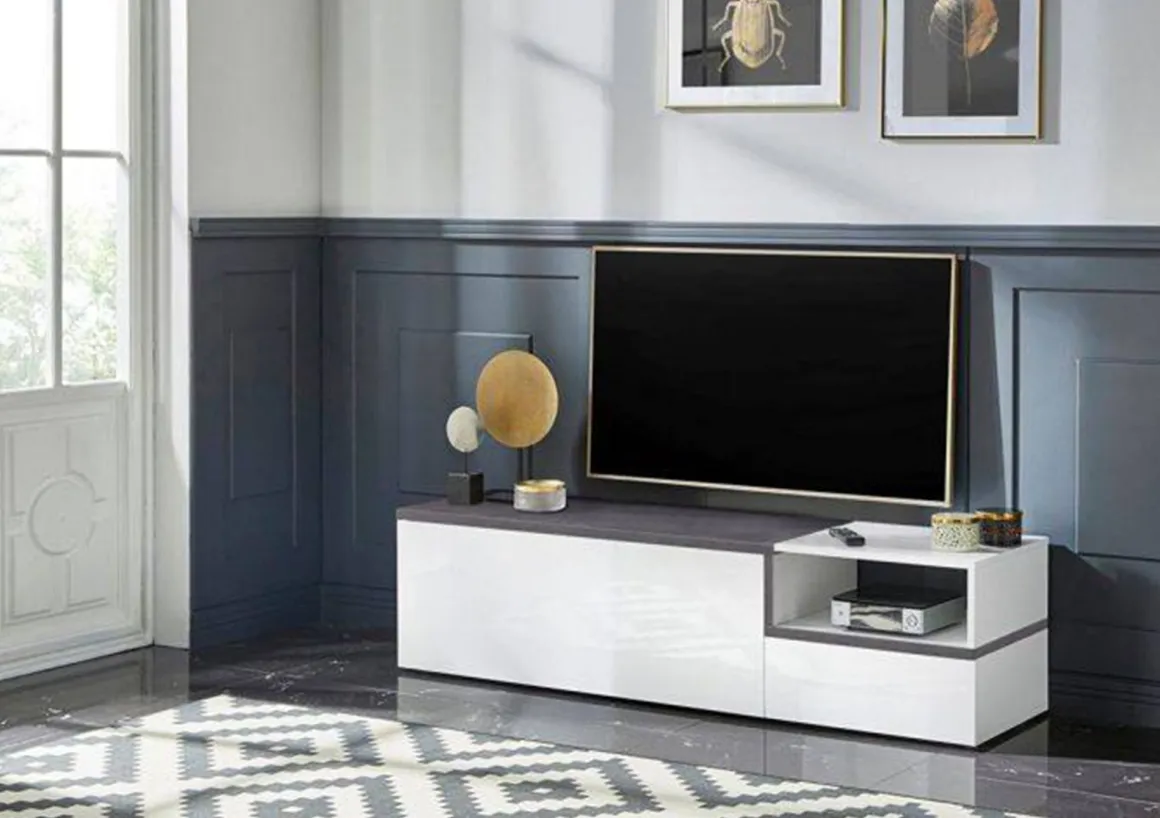 Base TV bianco lucido e ardesia 160x40x46h cm 2 ante - Fluorite