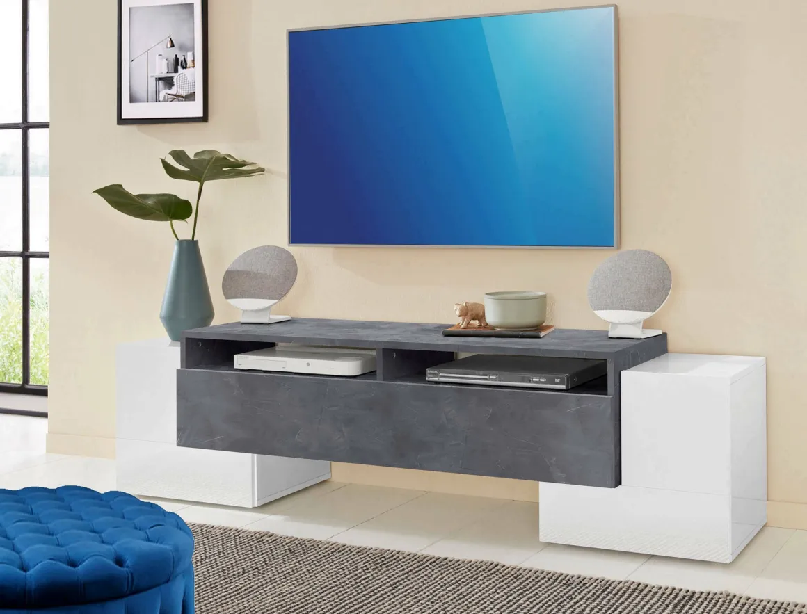Salotto > Dmora Base TV bianco lucido e ardesia 190x45x45h cm 4 ante - Arancione Grigio Ardesia, Bianco Lucido