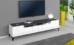 Base TV bianco lucido e ardesia 200x40x47h cm 2 ante e 2 cassetti - Abina
