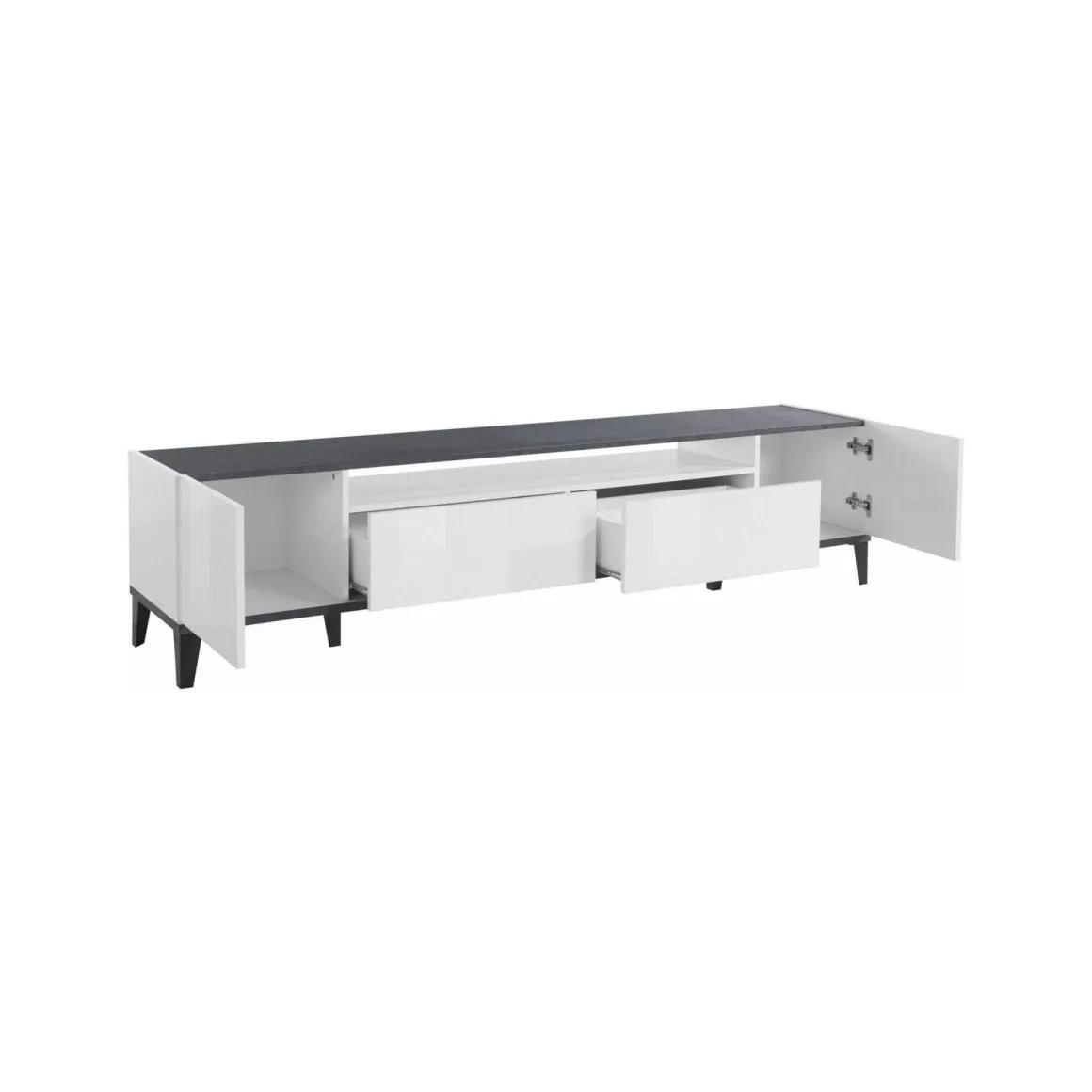 Base TV bianco lucido e ardesia 200x40x47h cm 2 ante e 2 cassetti - Abina