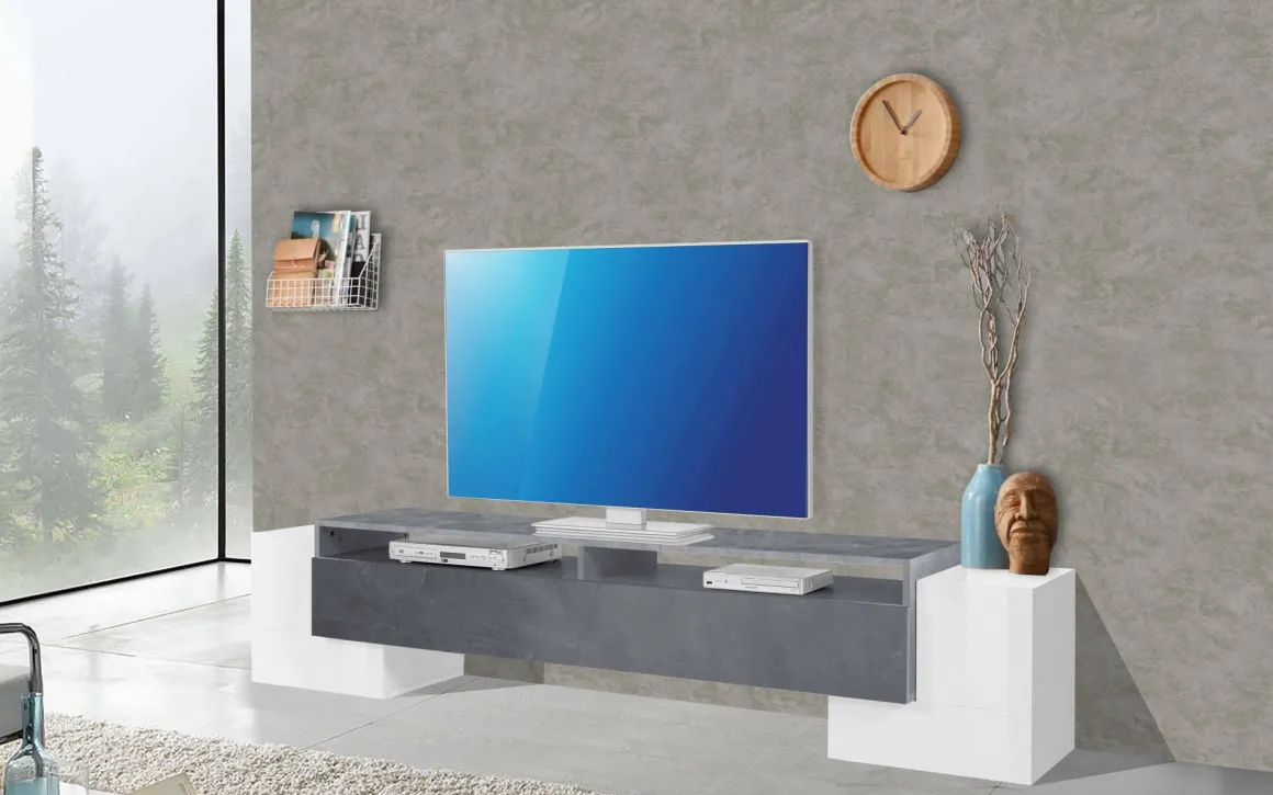 Base TV bianco lucido e ardesia 210x45x45h cm 3 ante - Amis