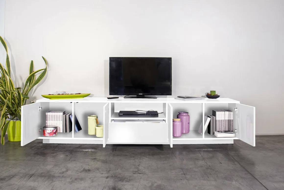 Base TV bianco lucido 220x41x46h cm 4 ante e 1 cassetto - Ajuly
