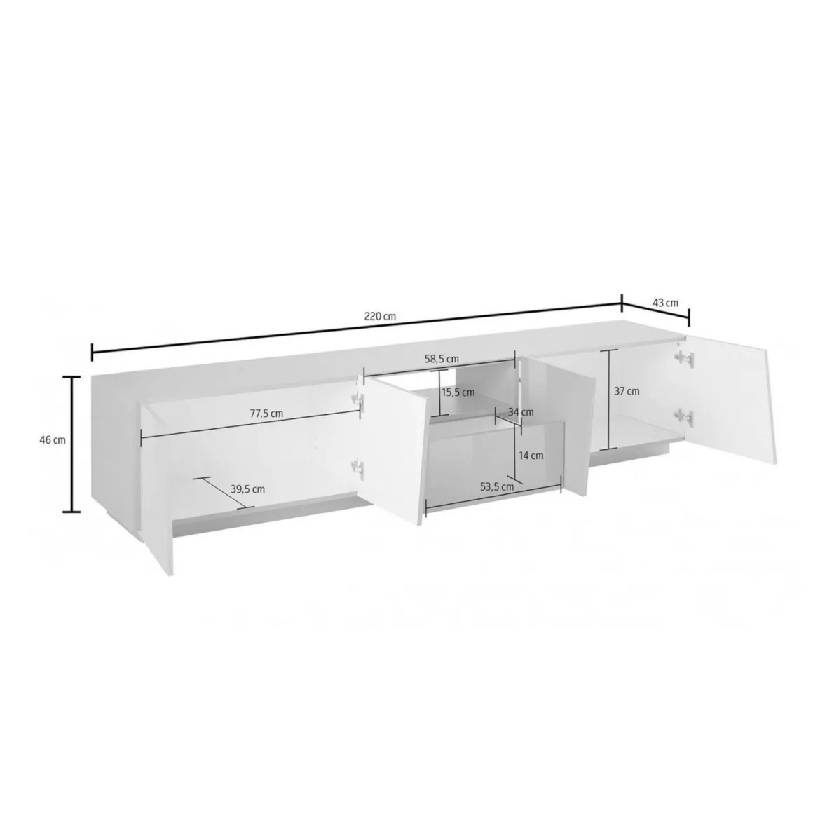 Base TV bianco lucido 220x43x46h cm 4 ante e 1 cassetto - Azzurras