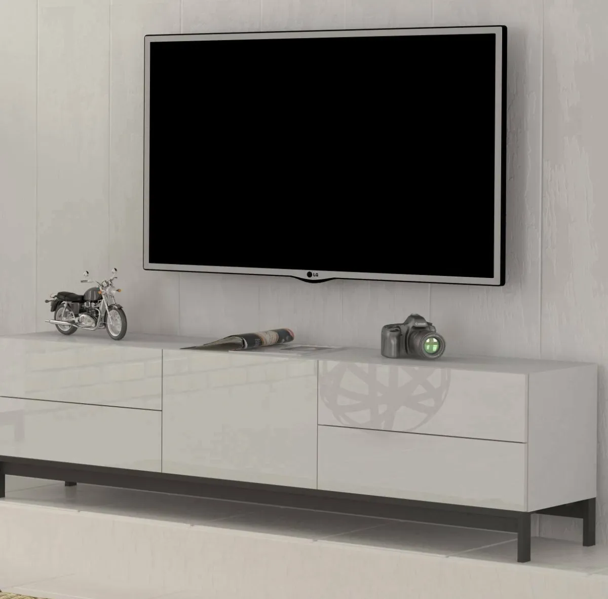Salotto > Dmora Base TV 170x40x35h cm 4 cassetti - Ardesia Bianco Lucido