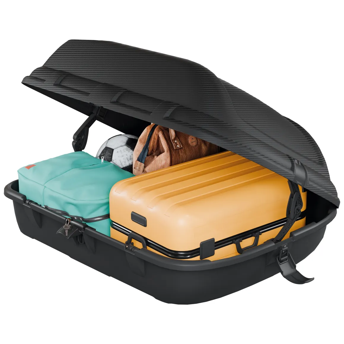 Baule Auto Nero Finitura Effetto Carbonio Capacità 270 l, 55 kg, Apertura Doppia Apertura Laterale Made in Italy - Copora