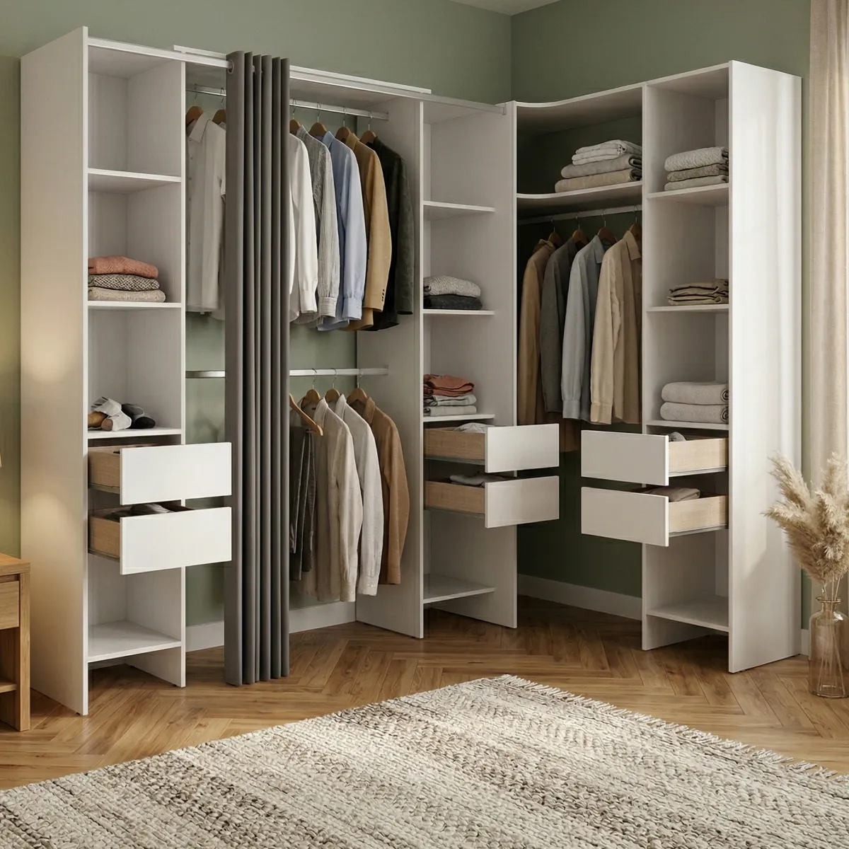 Altri Guardaroba > Dmora Cabina armadio ad angolo con cassetti bianca 234x205h cm - Alanno Bianco