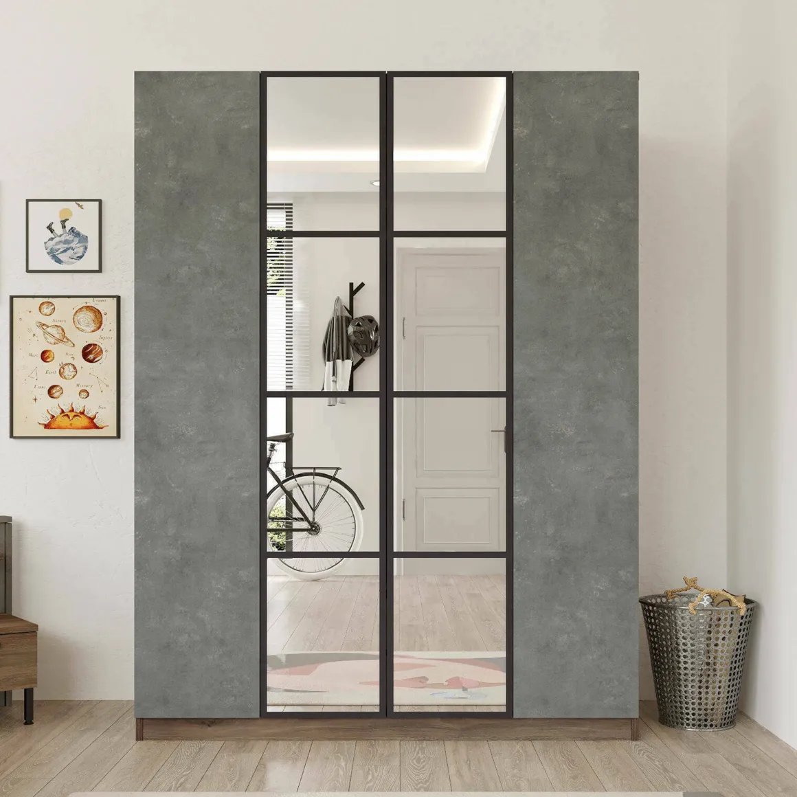 Cabina armadio con specchio marrone e grigia 138x183h cm - Phet