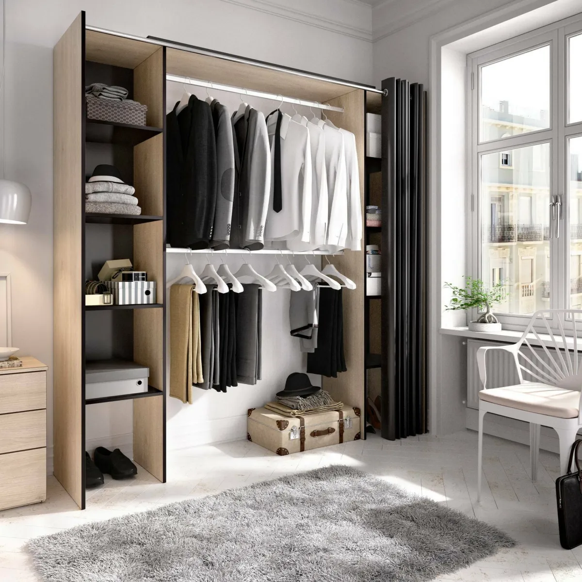 Cabine Armadio|Altri Guardaroba > Dmora Cabina armadio con tenda rovere e grigia 180x205h cm - Acron Grigio, Marrone Rovere