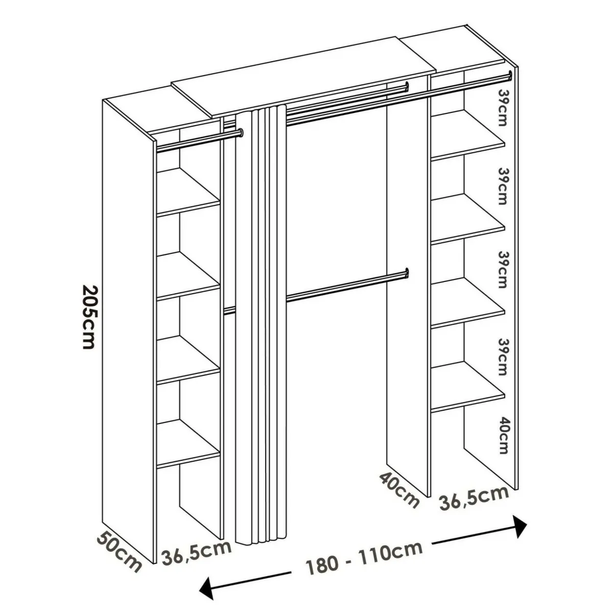 Cabine Armadio|Altri Guardaroba > Dmora Cabina armadio con tenda rovere e grigia 180x205h cm - Acron Grigio, Marrone Rovere