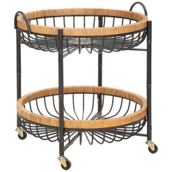 Carrelli > Dmora Carrello Marrone Nero 2 Ripiani Ruote 57x56x63h cm, con 2 Cestini in Rattan - Zakopa Nero, Marrone
