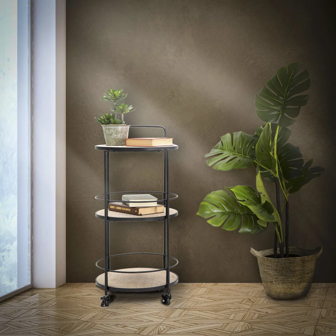 Carrello Marrone Nero 3 Ripiani Ruote 40x42x82h cm, Colore Struttura Nero - Ganaro