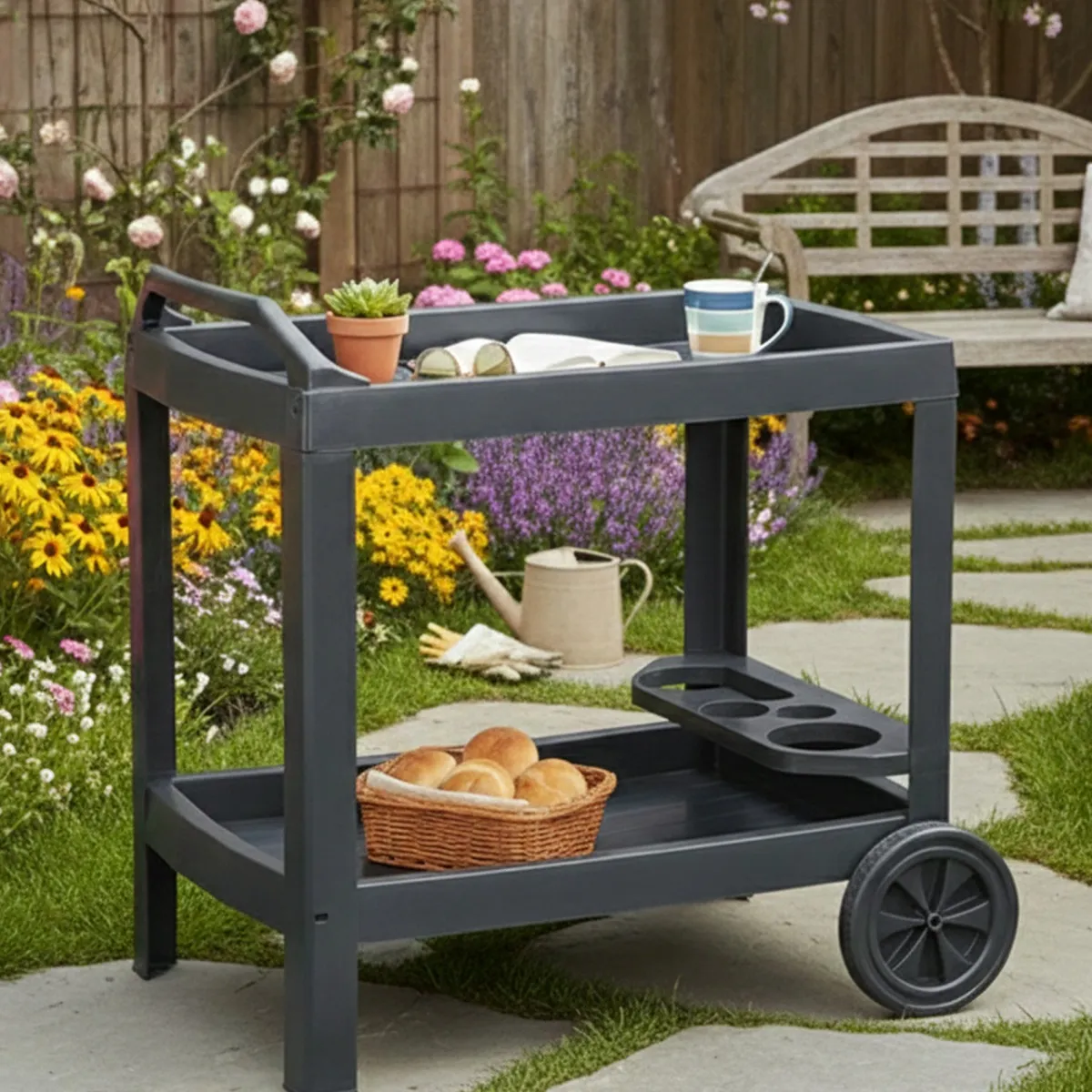 Carrelli > Dmora Carrello 2 Ripiani Ruote 53x74x73h cm, con Portabicchieri Made in Italy - Chidester Nero Antracite