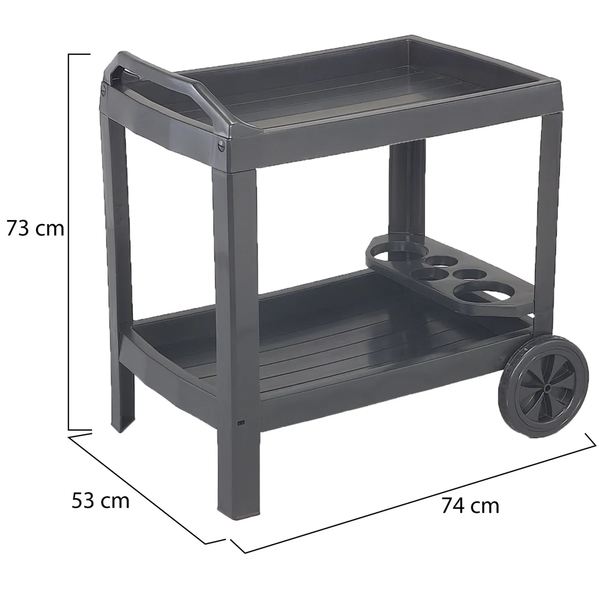 Carrelli > Dmora Carrello 2 Ripiani Ruote 53x74x73h cm, con Portabicchieri Made in Italy - Chidester Nero Antracite