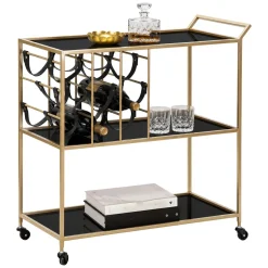 Carrello Nero oro 3 Ripiani Ruote 79x40x82h cm, con Portabottiglie - Druski