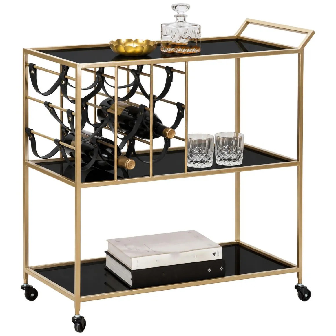 Carrello Nero oro 3 Ripiani Ruote 79x40x82h cm, con Portabottiglie - Druski